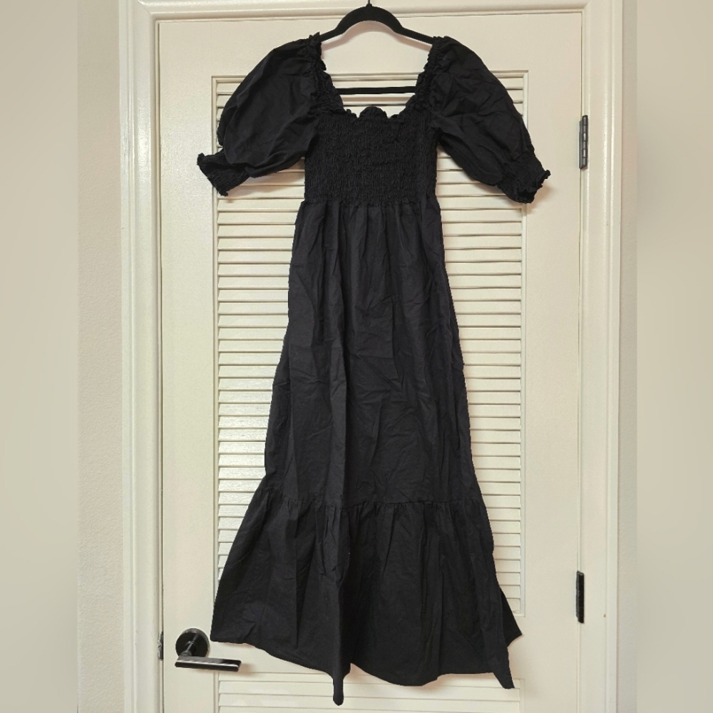 L.N.V - 100% Cotton Black A-Line Smocked Dress With Side Leg Slit